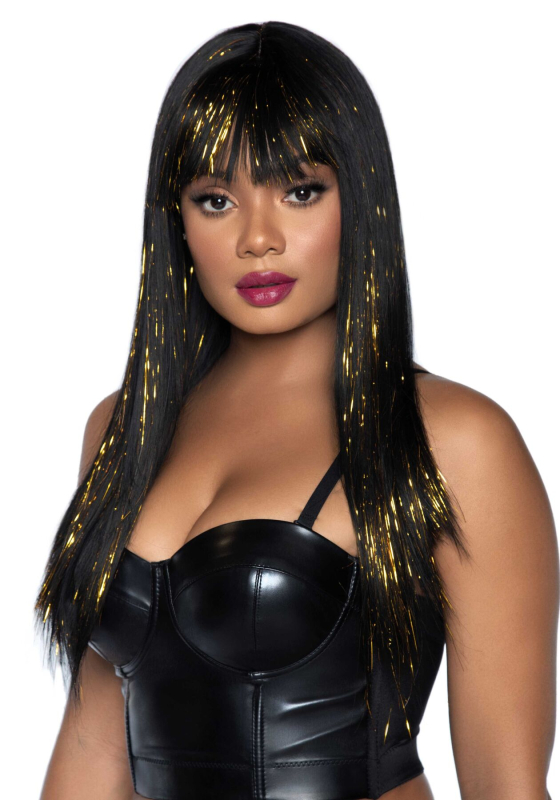 Чорна перука із золотими пасмами Leg Avenue Long bang wig with tinsel, 60 см - фото