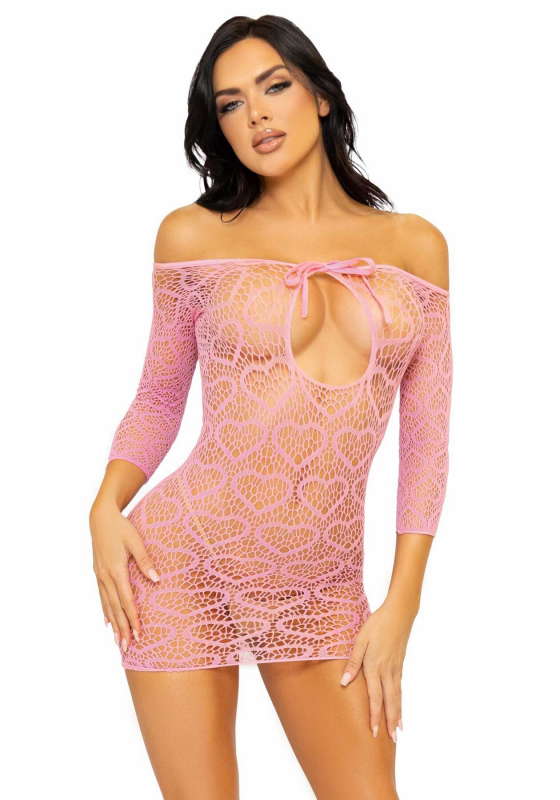 Сукня-сітка з сердечками Leg Avenue Heart net mini dress Pink, зав’язки, відкриті плечі, one size - фото