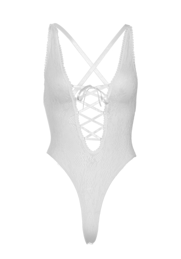 Мереживне боді Leg Avenue Floral lace thong teddy White, шнурівка на грудях, one size - фото №8