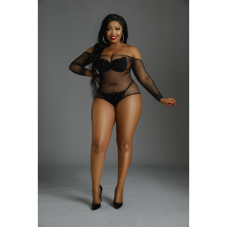 Сітчасте боді зі стразами Moonlight Plus Model 09 XL-XXXL Black, відкриті плечі - фото №3