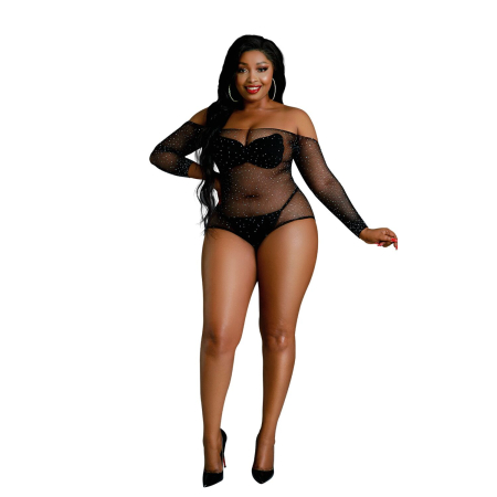Сітчасте боді зі стразами Moonlight Plus Model 09 XL-XXXL Black, відкриті плечі - фото