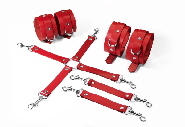 Набір для БДСМ 3 в 1 Feral Feelings BDSM Kit 3 Red, наручники, поножі, хрестовина - фото
