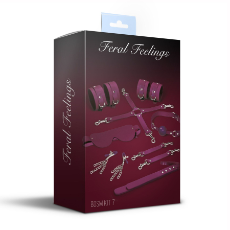 Набір Feral Feelings BDSM Kit 7 Burgundy, наручники, поножі, конектор, маска, падл, кляп, затискачі - фото №2