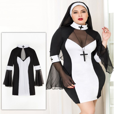Еротичний костюм черниці JSY «Грішниця Лола» Plus Size Black, сукня, хрест, апостольник - фото №6