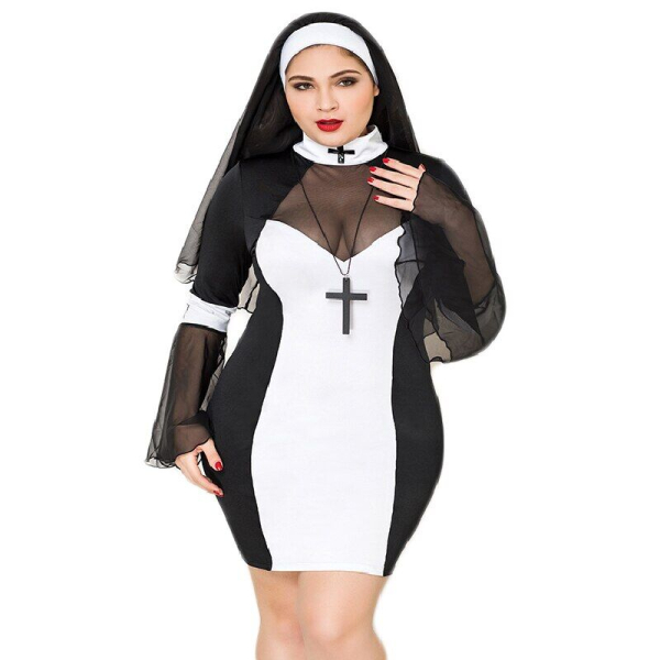 Еротичний костюм черниці JSY «Грішниця Лола» Plus Size Black, сукня, хрест, апостольник - фото