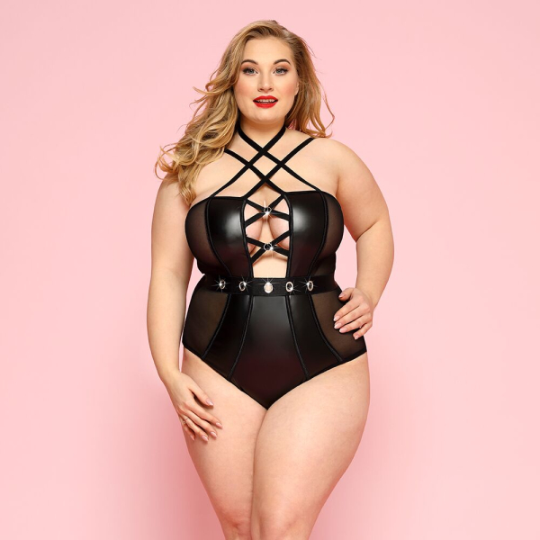 Сексуальне боді JSY «Пристрасна Лорейн» Plus Size Black, люверси, стрепи, екошкіра, шнурівка - фото