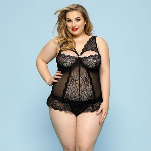 Сексуальний комплект білизни JSY «Скромниця Брук» Plus Size, Black, мереживо, корсет, стрінги - фото