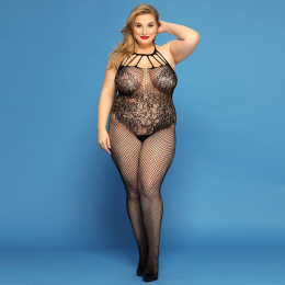 Сітчастий бодістокінг JSY «Відверта Мадлен» Plus Size, Black, імітація боді, мереживо, доступ - фото