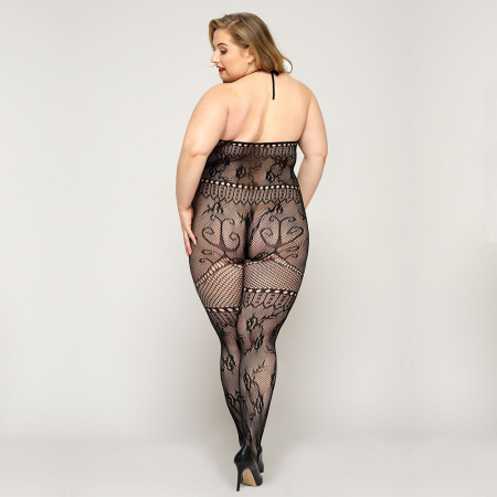 Мереживний бодістокінг JSY «Гаряча Хейлі» Plus Size, Black, халтер, імітація панчіх, відкритий досту - фото №2