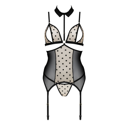 Корсет з відкритими грудьми Passion DOMINICA CORSET L/XL beige, пажі для панчіх, стрінги - фото №3