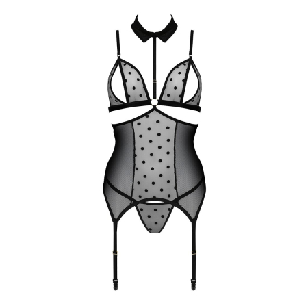 Корсет з відкритими грудьми Passion DOMINICA CORSET L/XL black, пажі для панчіх, стрінги - фото №3