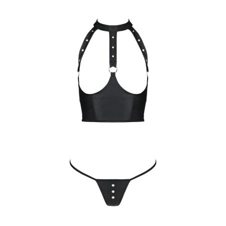 Комплект білизни з відкритими грудьми Passion GENEVIA SET WITH OPEN BRA L/XL black, корсет, стрінги - фото №3