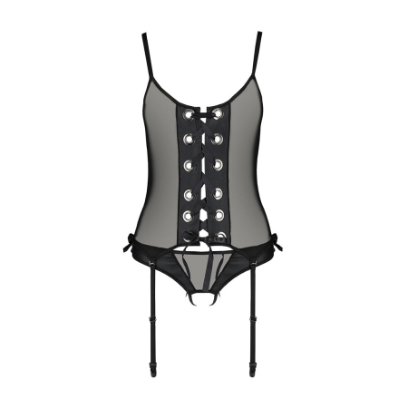 Корсет зі шнурівкою Passion NESSY CORSET L/XL black, стрінги з відкритим доступом, пажі для панчіх - фото №3