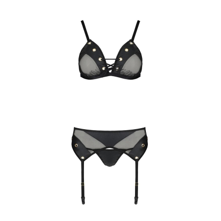 Комплект білизни Passion NESSY SET L/XL black, бюстгальтер, пояс для панчіх, стрінги - фото №3