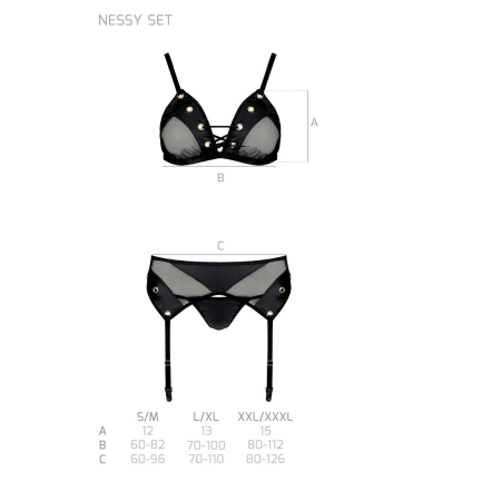 Комплект білизни Passion NESSY SET S/M black, бюстгальтер, пояс для панчіх, стрінги - фото №5
