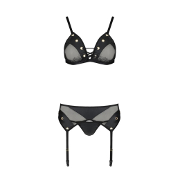 Комплект білизни Passion NESSY SET XXL/XXXL black, бюстгальтер, пояс для панчіх, стрінги - - фото №3