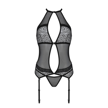 Корсет з пажами Passion SATARA CORSET L/XL black, стрінги, мереживо, застібки спереду та ззаду - фото №3