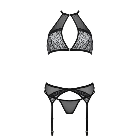 Комплект білизни Passion SATARA SET L/XL black, топ, пояс для панчіх, стрінги - фото №3