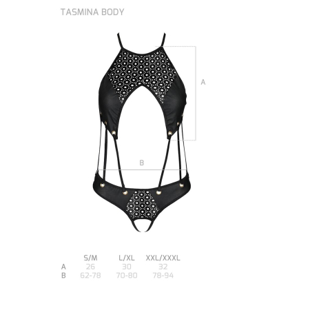 Боді з відкритим доступом Passion TASMINA BODY L/XL black, екошкіра, шнурівки, ажурні мережива - фото №5