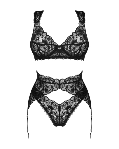 (SALE) Комплект білизни Obsessive Donna Dream 3-pcs set XS/S Black, бюстгальтер, стрінги, пояс для панчіх - фото №3