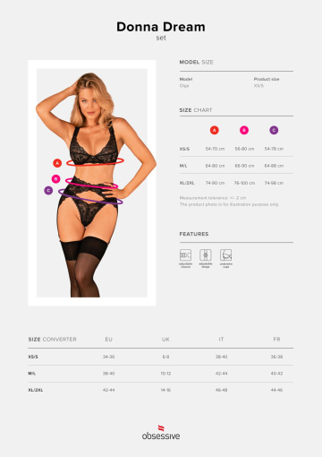 Комплект білизни Obsessive Donna Dream 3-pcs set XL/2XL Black, бюстгальтер, стрінги, пояс для панчіх - фото №5