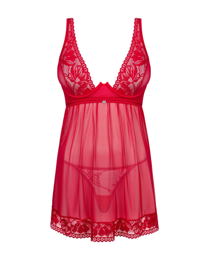Прозора сорочка бебі-дол Obsessive Lacelove babydoll & thong XS/S Red, мереживо, стрінги - фото №3
