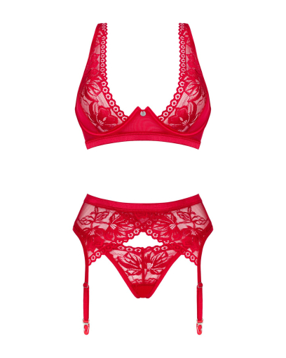 Комплект білизни Obsessive Lacelove cupless 3pcs set XS/S Red, бюстгальтер, стрінги, пояс для панчіх - фото №3