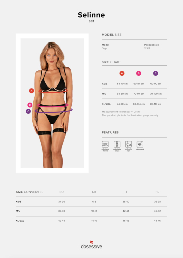 Комплект білизни Obsessive Selinne 3-pcs set M/L Black, бюстгальтер, стрінги пояс для панчіх - фото №5
