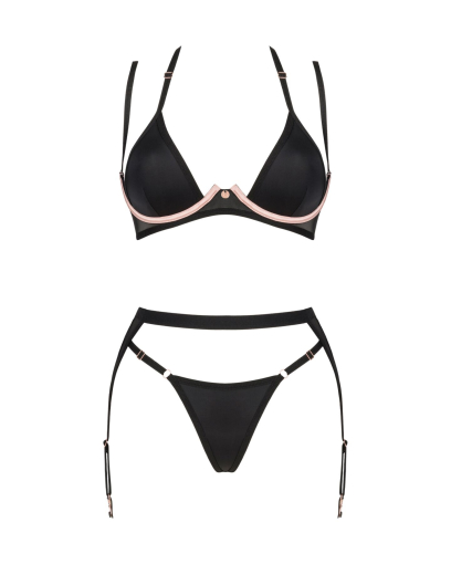 Комплект білизни Obsessive Selinne 3-pcs set XL/2XL Black, бюстгальтер, стрінги пояс для панчіх - фото №3