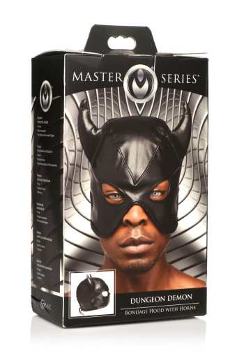 Маска з рогами Master Series: Dungeon Demon Bondage Mask with Horns, чорна - фото №9