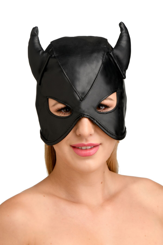 Маска з рогами Master Series: Dungeon Demon Bondage Mask with Horns, чорна - фото