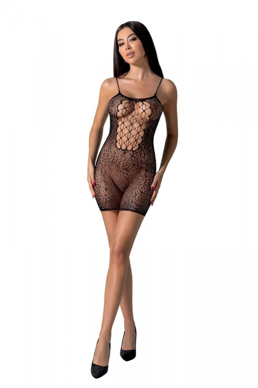 Ажурна мінісукня на тонких бретелях Passion BS096 One Size, black, плетіння на грудях - фото