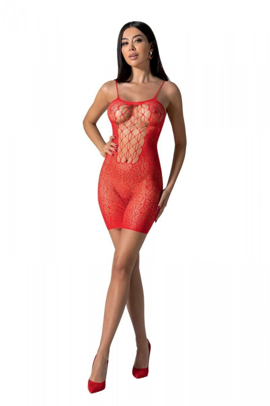 Ажурна мінісукня на тонких бретелях Passion BS096 One Size, red, плетіння на грудях - фото