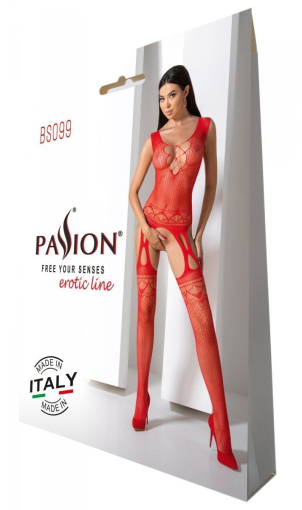 Бодістокінг з плетінням на грудях Passion BS099 One Size, red, відкритий доступ, імітація підв’язок - фото №6