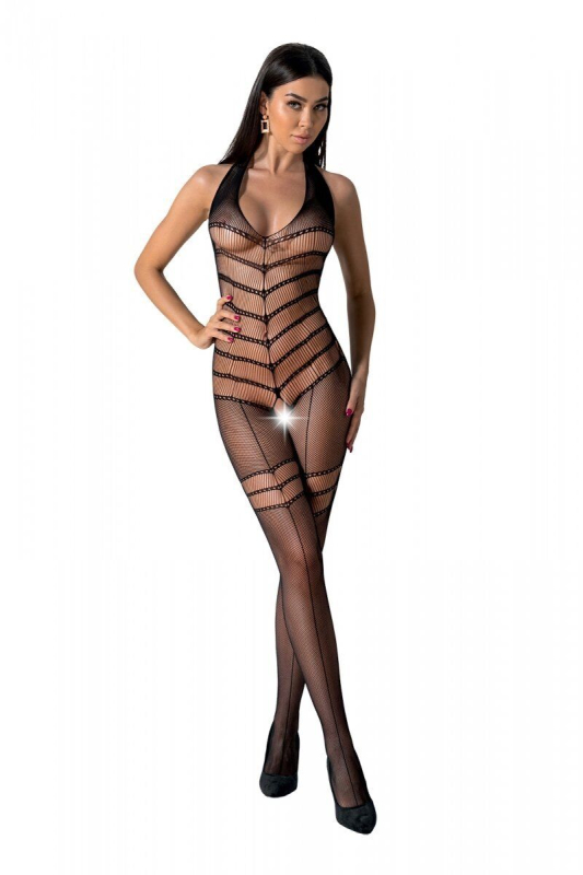 Бодістокінг з плетінням на животику Passion BS100 One Size, black, декоративний шов, з доступом - фото