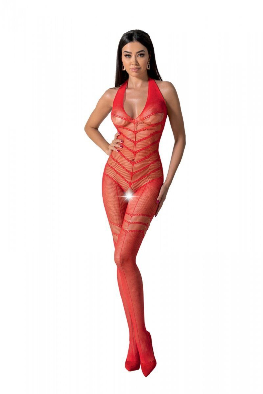 Бодістокінг з плетінням на животику Passion BS100 One Size, red, декоративний шов, з доступом - фото