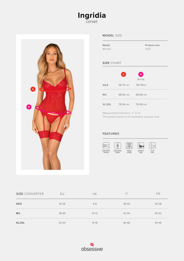 Комплект корсет та стрінги Obsessive Ingridia corset & thong XL/2XL, червоний - фото №5
