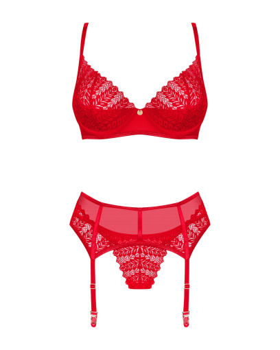 Комплект Obsessive Ingridia 3-pcs set XS/S, червоний, бюстгальтер, стрінги, пояс - фото №3