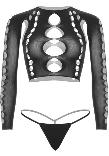 Комплект безшовної білизни Leg Avenue Long sleeve crop top & string Black, One Size, топ, стрінги - фото №3