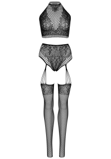 Еротичний комплект Leg Avenue Crop top and garter panty Black, топ, трусики з доступом, панчохи - - фото №4
