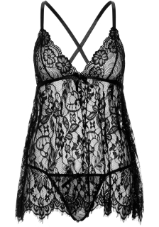 Сорочка бебі-дол Leg Avenue Floral lace babydoll & string Black L, стрінги - - фото №3