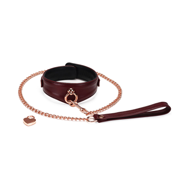 Шкіряний нашийник з повідцем Liebe Seele Wine Red Curved Collar, замок-сердечко 