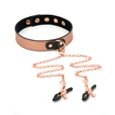 Нашийник із затискачами для сосків Liebe Seele Rose Gold Memory Collar with Nipple Clamps, шкіра - фото №8