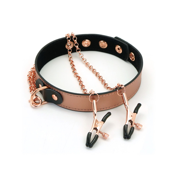 Нашийник із затискачами для сосків Liebe Seele Rose Gold Memory Collar with Nipple Clamps, шкіра - фото