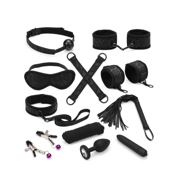 Набір Liebe Seele Black Lace and Neoprene 11pcs Bondage Kit, анальна пробка з кристалом, віброкуля - фото