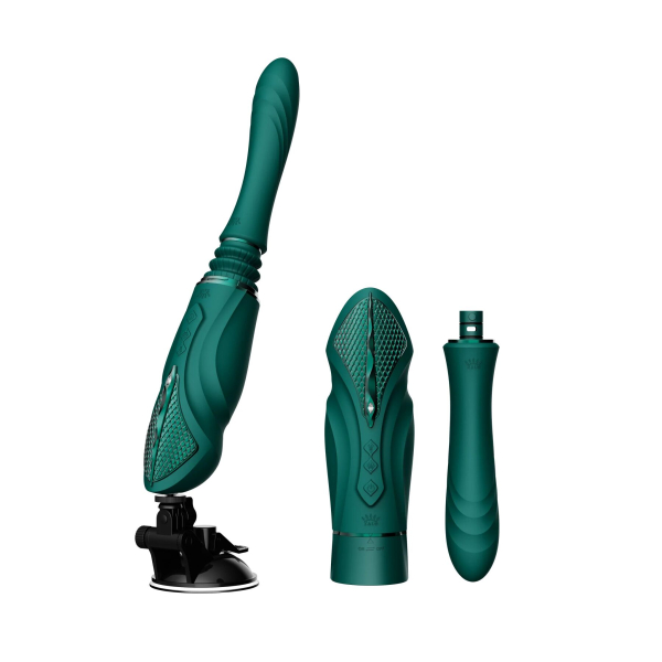 Компактна смарт секс-машина Zalo – Sesh Turquoise Green, 2 насадки, пульт ДК, кристал Swarovski 