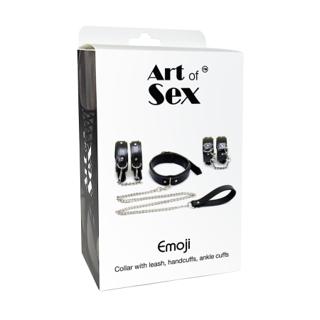 Набір BDSM Art of Sex - Emoji, наручники, поножі, нашийник з повідцем, екошкіра, чорний №5