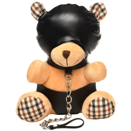 Плюшевий ведмедик HOODED Teddy Bear БДСМ у шкіряному капюшоні з повідцем, 23x16x12 см - фото