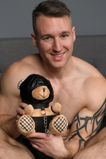 Плюшевий ведмедик HOODED Teddy Bear БДСМ у шкіряному капюшоні з повідцем, 23x16x12 см - фото №8