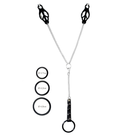 Затискач для сосків Art of Sex - Nipple Clamps for Men Black clover з ерекційними кільцями - фото